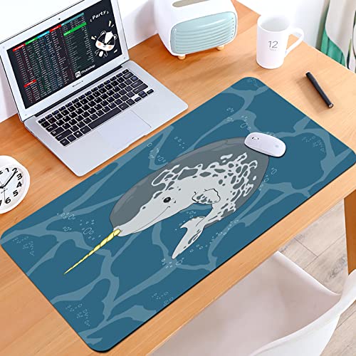 SHIVNAMI Alfombrilla Raton Grande Gaming Mouse Pad,Ballena Feliz del Océano Ártico con Cuerno Nadando en el Dibujo de Animales de ,Lavable, Antideslizante Diseñada para Gamers, Trabajo de Oficina