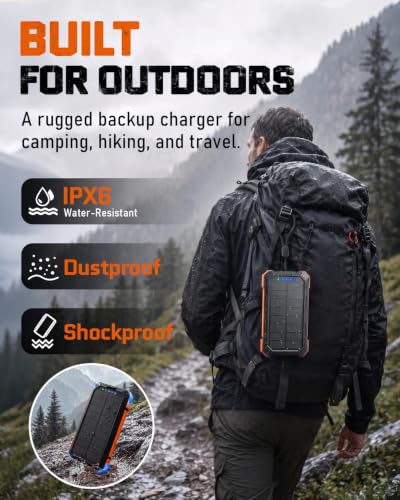 Image of Solar Charger Power Bank - 49800mAh Solar Phone Charger with USB-C in /Output, QC 3.0 Fast Charging with LED Flashlight, Built-in 4 Cables, IP65 Waterproof Fits for Outdoor (Orange)