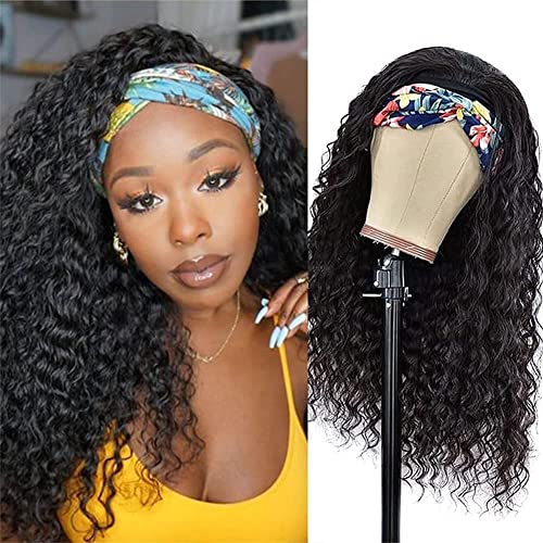 Funky girl Curly Headband Wig Human Hair Wigs for Black Women Glueless Water Wave None Lace Front Half Wig with Headband Attached Natural Color 18 Inch