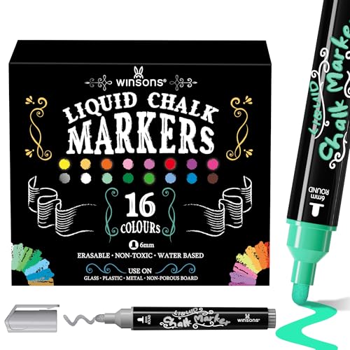 WINSONS Rotulador de tiza líquida, 6 mm, 16 colores, borrable, para cristal, ventana, pizarra, pizarra blanca, pizarra de pared