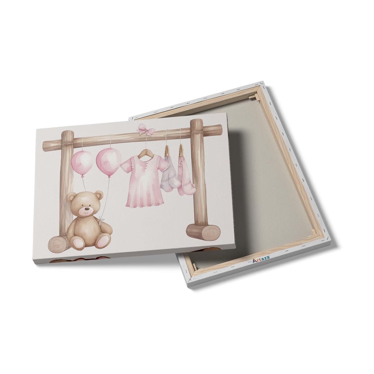 Artaza Leinwand Bilder Baby Mädchen Kleidung Rosa - 80x60 cm - Wanddeko Kinderzimmer - Wandbilder Teddybär - Deko Luftballons - Rosa