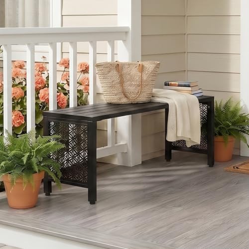 Image of VINGLI 40in Outdoor Metal Bench, All-Weathe Backless Patio Bench with Slatted Seat&Floral Side Panels, Rust-Resistant Garden Bench, Weatherproof Outdoor Seating for Porch Entryway Backyard (Black)
