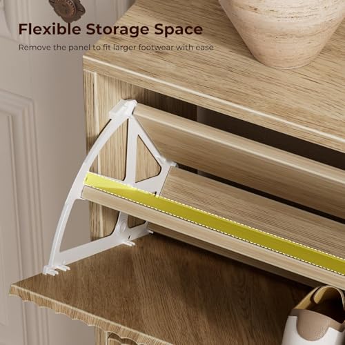 Image of Evermagin 31.5''W Oak Shoe Cabinet Storage for Entryway, Fluted Slim Shoe Dresser with 2 Flip Drawers, Narrow Shoe Rack Cabinet, Hidden Shoe Organizer Cabinet for Entrance, Hallway