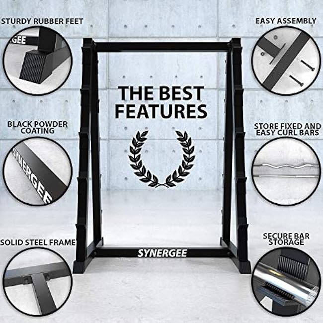Synergee Fixed Barbell Storage Rack for Straight & Curl Bars. Organizes Fixed Barbells and Curls Bars. Great Barbell Stand for Home and Commercial Gyms.