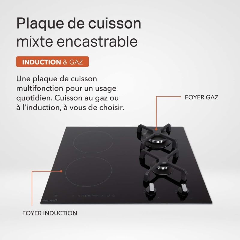 BELDEKO Plaque Mixte 2 Gaz + 2 Induction 6900W - Marque Française