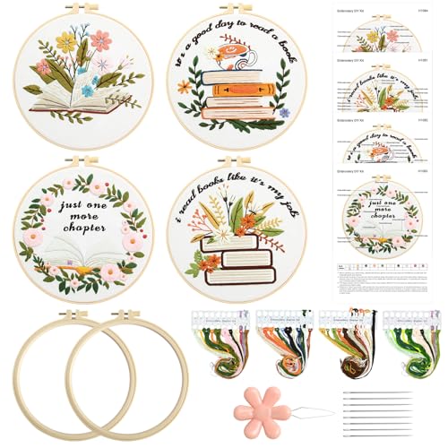Image of ElasignShopo 4 Set Embroidery Kit for Beginners Adults Book Lovers Embroidery Starter Kit Books Flowers Pattern Hand Crewel Cross Stitch Kits Includes Instruction 2 Hoops Color Threads Needles