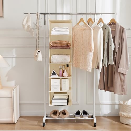 Image of MAX Houser 6 Tier Shelf Hanging Closet Organizer, Cloth Hanging Shelf with 2 Sturdy Hooks for Storage, Foldable (Beige)