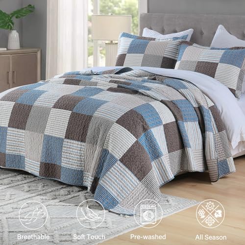 Image of Finlonte Quilt King Size - 100% Cotton Plaid King Size Comforter Set Farmhouse Modern Quilt Bedding Set, Reversible Lightweight Soft Bedspread, Blue Brown Quilted Coverlet All-Season, 3-Piece