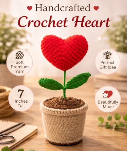 Image of Handcrafted Crochet Flower Pot | 7 Inch Handmade Wool Flower Plant | Premium Soft Yarn Decor | Cute Desk & Home Decoration | Unique Gift for Birthday, Anniversary & Valentine (Heart)