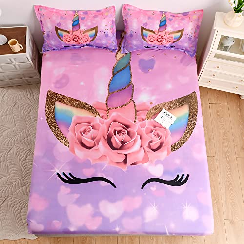 Qjmiaofang Unicorn Sheets Queen Size For Girls Unicorn Bedding Set Pink Unicorn Fitted Sheet With Flowers Printed Bed Sheet Sparkling Stars And Hearts Pattern Bed Set Soft Microfiber With 2Pillowcases #TOP4
