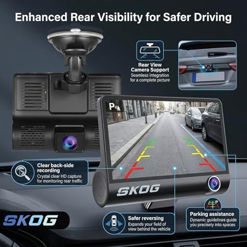 Image of SKOG 3 Channel Dash Cam for Car with Rear Camera, Full HD 1080P Front, Back & Cabin Recording, Night Vision, Wide Angle, Loop Recording, G-Sensor, Parking Mode, 4-Inch IPS Display