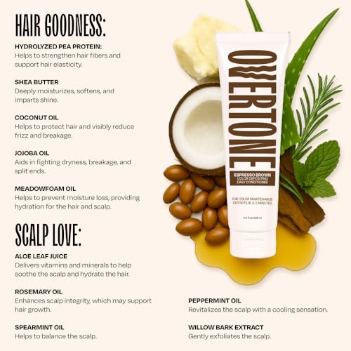 Image of Overtone Daily Color Depositing Conditioner for Hair, Espresso Brown: Temporary Pigment with Shea, Coconut & Avocado Oils, Hydrating, Vegan & Cruelty-Free, All Hair Types, 4.5oz