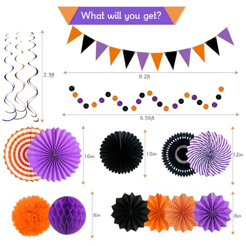 Image of 26 Pcs Halloween Party Decorations Kit, Paper Fans Pom Poms Banner 8-16 in | Orange purple black fans, pom poms, honeycomb balls, banner, swirls for Halloween birthday, indoor outdoor party decor