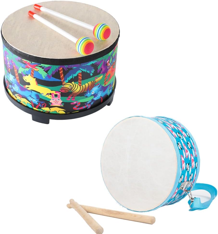 10 Inch Floor Tom Drum for Kids and 8 Inch Kids Drum with Strap: Percussion Instrument Music Drum with 2 Mallets for Baby Children Special Christmas Birthday Gift (Black and Blue)