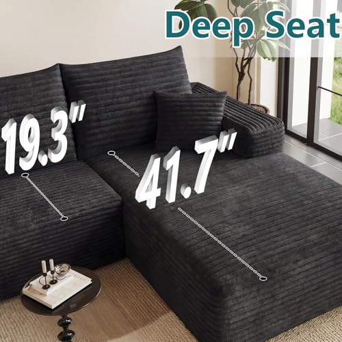 Image of 95 inch U-Shape Cloud Couch, Modern Modular Sectional L-Shape Sofa with Ottoman, Corduroy Upholstered Couches Deep Seat Sleeper Chaise Longue for Living Room, No Assembly Required(Black, Right Facing)