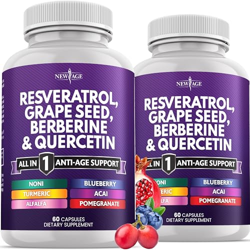 new age resveratrol berberine grape seed extract quercetin polyphenol supplement for women and men with noni extract n-acetyl cysteine acai extract - 120 capsules