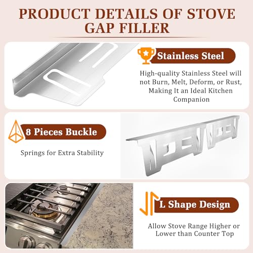 Image of Stainless Steel Stove & Counter Top Gap Covers Adjustable Length 13.8 inch-27.6 inchOven Side Filler Kit Between, Heat Resistant Slide-in Range Trim Guard for Seamless Kitchen Accessories (Silver)