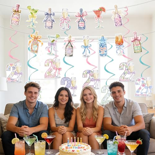 Image of Happy 21st Birthday Decorations - 10PCS Champagne Wine Bottle Martini Drinks Party Banner Hanging Swirls Decor, Happy 21 Twenty-One Years Old Bday Party Supplies for Women Men