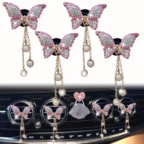 Image of Pink Butterfly Air Vent Clips, 4 Pcs Bling Butterfly Air Fresheners Vents Clips Diamond Car Interior Decor Bling Cute Car Accessories Decoration for Women+ Heart Mask Hook