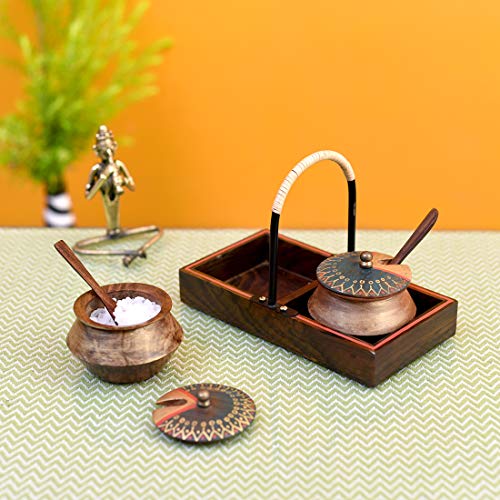 Image of AAKRITI ART CREATIONS Wooden Handi Set with Stylish Metal Handle Tray | Abstract Art Brown Matte Finish | Metal & Wood Handcrafted Serving Set | Decorative Kitchen & Dining Table Organizer