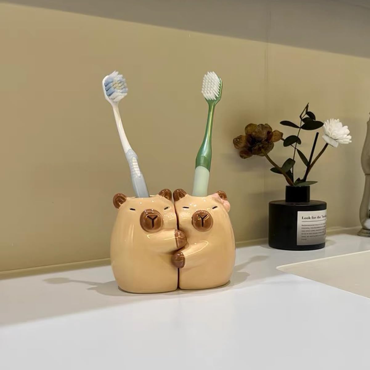 Ceramic Toothbrush Holder for Bathroom, Set of 2 Cute Capybara Shape