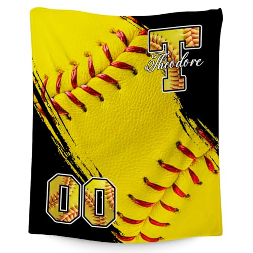 Custom Softball Blanket, Soft Sport Throw Gifts with Name, Cozy Flannel Throw Blankets for Bed Living Room, 60"x80" Gift for Adults