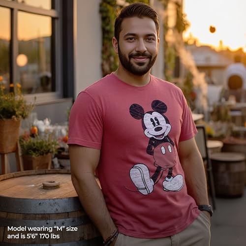 Image of Disney Men's Full Size Mickey Mouse Distressed Look T-Shirt | Officially licensed, 100% cotton, sizes S to 2X, size up recommended, Disney fan gift, crew neck, pop culture tee