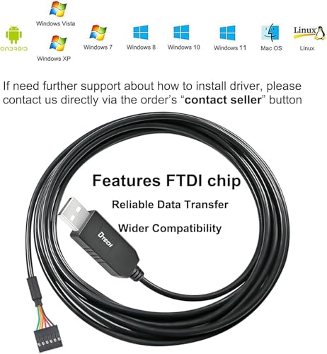 Image of DTECH USB to TTL Serial Cable 3.3V 6 Pin UART Adapter Debug Cord Compatible with Windows 11 10 8 7 Linux MAC OS Genuine FT232RL Chip 6Pin 3v3 Level Signal 2.54mm Dupont Female Header (1M)