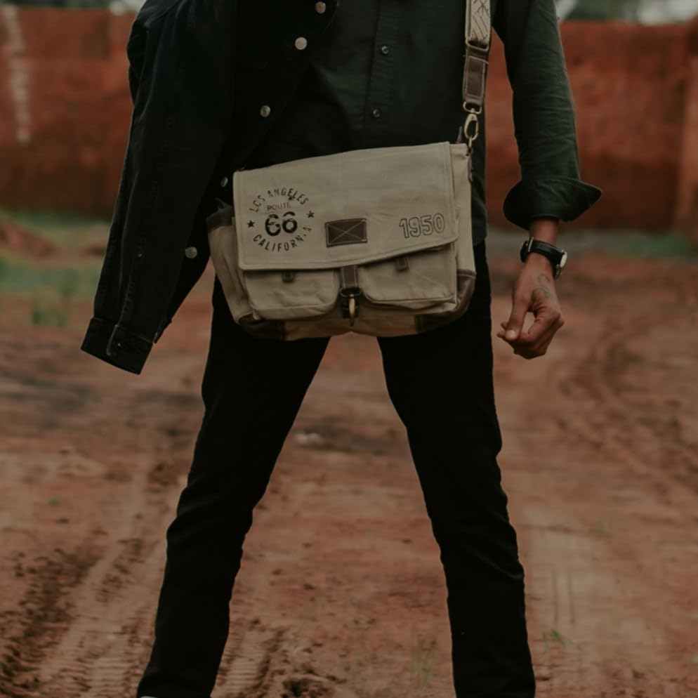 3B-Route 66Upcycled Vintage Military Leather Canvas Shoulder Bag Laptop Messenger Bags Medium Crossbody Purse with 2 Straps - Image 6