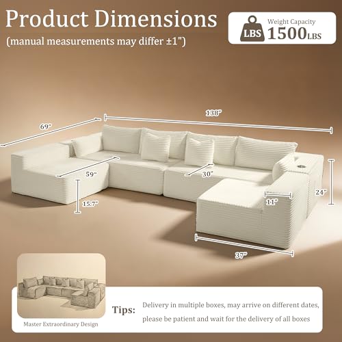 Image of 138 inch Cloud Sectional Couch, Comfort U Shaped Sofa for Living Room, Extra Deep Seats No Assembly, Minimalist Modular Couch, Corduroy (Cream, 6 Seats,U-Shape B)