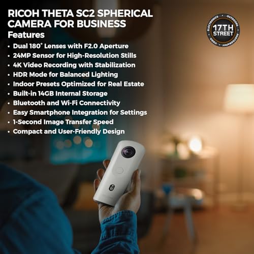 RICOH Theta SC2 360° Business Camera | Professional 4K Video & Photo Capture, 14MP High-Resolution Image Sensor, Wi-Fi/Bluetooth Connectivity w/Theta TS-1 Soft Case & Cleaning Cloth Bundle Set