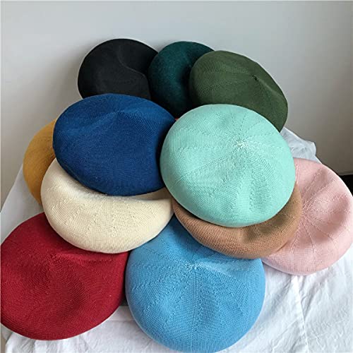 Gllutt Summer Knitted Thin Beret Hat for Women Size Adjustable French Style Solid Color (Thin Pink)