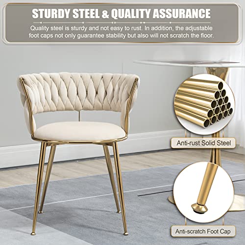 Modern Velvet Dining Chairs Set Of 2, Upholstered Living Room Chair With Woven Back And Golden Metal Legs, Mid-Century Accent Side Chair For Dining Room, Living Room, Kitchen, Vanity Room, Ivory #TOP2