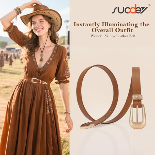 SUOSDEY Western Skinny Leather Belt for Women Carved Buckle, Ladies Waist Belt for Jeans Dresses,0.8" Width2