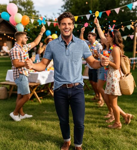 Image of Men's Casual Polo Shirts Classic Button Basic Short Sleeve Shirt Solid Color Cotton Tees Golf Stylish Tops