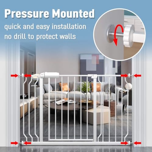Image of ALLAIBB Extra Wide Pressure Mounted Baby Gate Walk Through Child Kids Safety Toddler Tension White Long Large Pet Dog Gates with Extension for doorways Kitchen (24.02-29.13 /61-74cm, White)