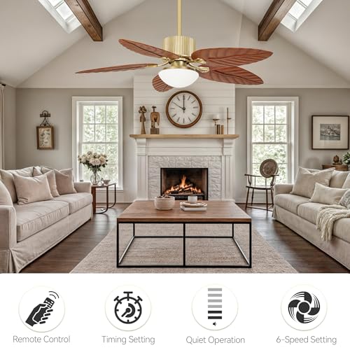 DWVO 52" Tropical Ceiling Fan with Light & Remote, Adjustable 3-Color Lighting, Quiet 6-Speed DC Motor, 5-Blade Reversible for Bedroom, Living Room & Indoor Use