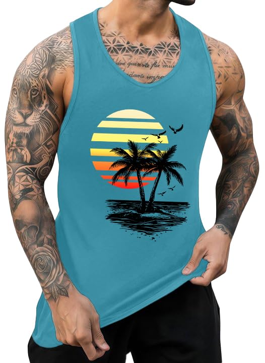 IWOLLENCE Mens Vest Tops Cotton Summer Hawaiian Printed Round Neck Beach Mens Holiday Vests Casual Sleeveless Tshirt Men (Blue Sunset 2 Palms L)