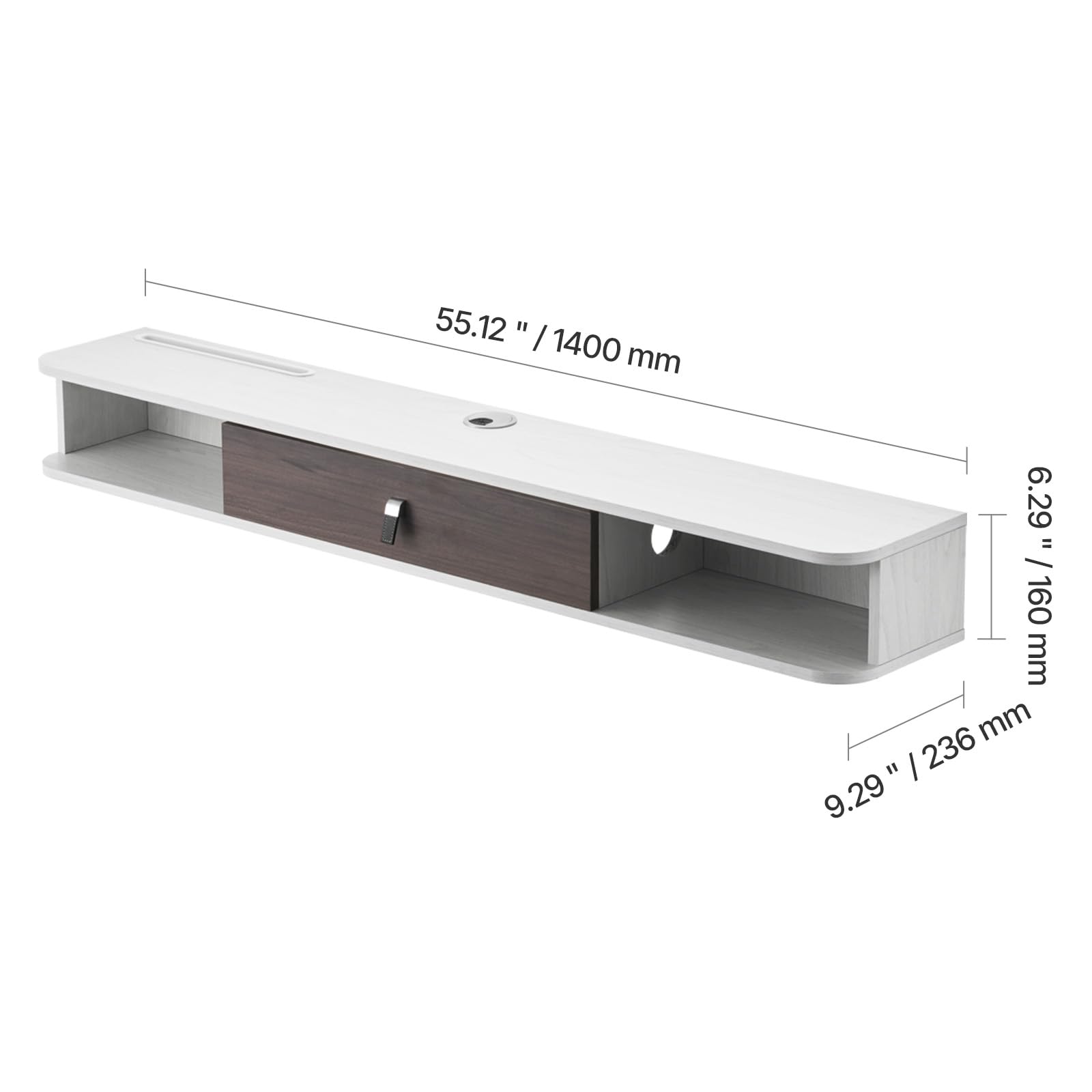 VEVOR Meuble TV flottant 140 cm console multimédia murale avec passe-câbles étagère TV moderne panneaux de particules blanc