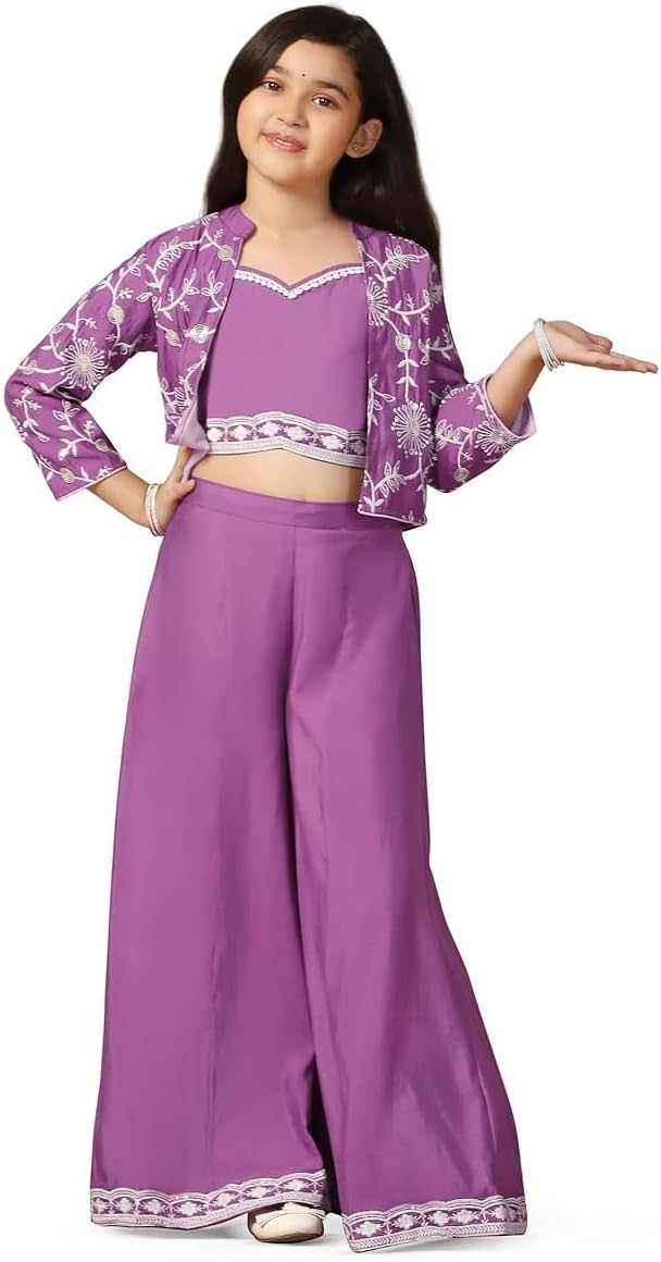 DREAMANGEL FASHION Girls Silk Blend Traditional Square Neckline Embroidered Indo Western Top and Palazzo Set