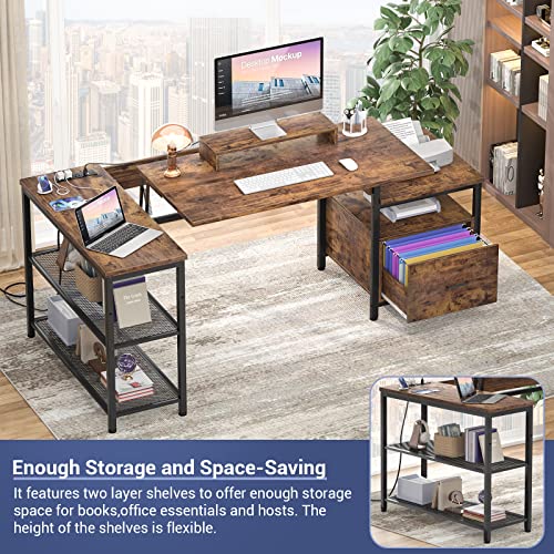 Aheaplus L Shaped Desk With Power Outlet, Standing Home Office Desk With Lift Top And File Drawer, 63'' Reversible Corner Computer Desk With Monitor Stand, Gaming Desk With Led Lights, Rustic Brown #TOP5
