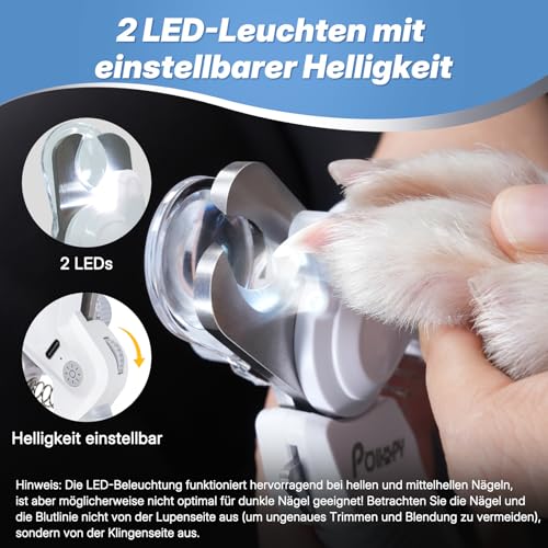 Krallenschere für Hunde und Katzen mit 2 LEDs Einstellbarer Helligkeit, Haustier Nagelknipser mit Sicherheitsschutz, Nagelfeile, Wiederaufladbar Krallenpflege Schneider, Krallenzange für Alle Rassen