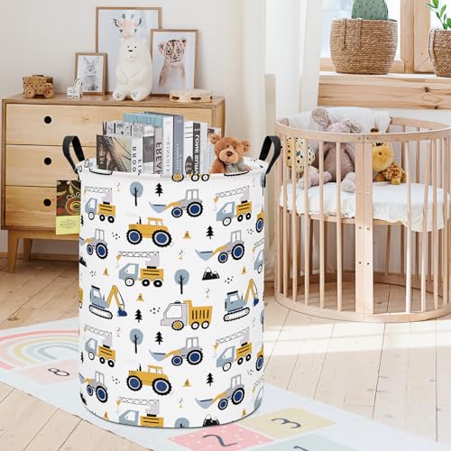 HUNRUNG Wäschekorb für Jungen,Zusammenklappbarer Baufahrzeuge Aufbewahrungskorb mit Griffen, Wasserdichter Spielzeugkorb für Kinderzimmer,Spielzimmer,Modernes Baufahrzeug Dekor (Round Excavator)