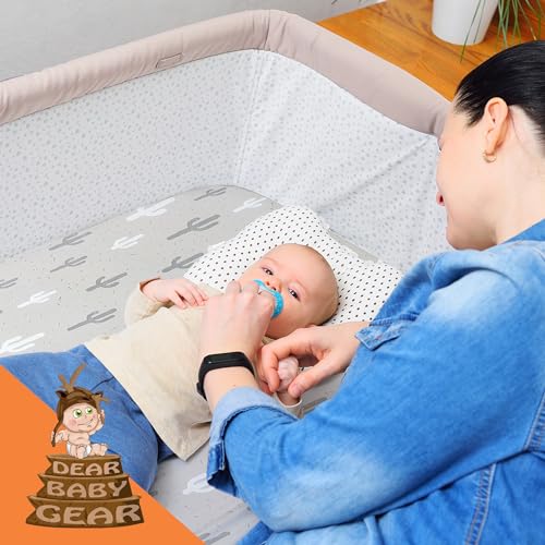 Image of Dear Baby Gear Deluxe Baby Crib Sheet - Cotton Polyester Infant Sheets - Soft Machine-Washable Crib Mattress Cover - Newborn Nursery Bedsheet - Gray and White Cactus on Tan Print, 52 inchx28 inchx10 inch