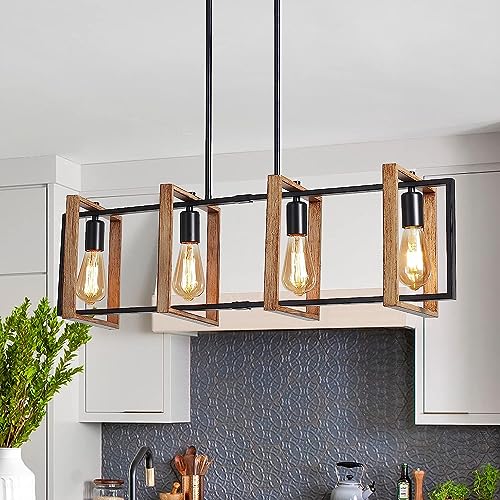 Lámpara rectangular rústica de techo con cuatro focos para iluminar mesas de comedor