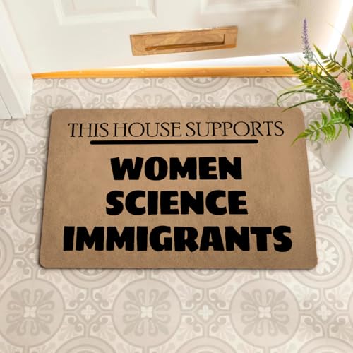Image of Funny Welcome Doormats Decorative Area Rugs for Front Porch Personalized Monogram Kitchen Rugs With Anti-Slip Rubber Back Novelty Gift Mat(23.7X15.9 in) (This House Supports Women Science Immigrants)