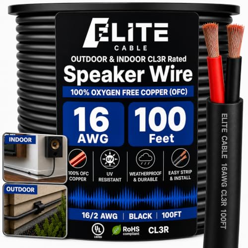 Elite 16/2 Speaker Wire 100ft, UL Listed, CMR/CL3R, (Riser/in-Wall & Outdoor/In-Ground (Direct Burial)- 100% Oxygen Free Pure Bare Copper (OFC), 16AWG/2-Conductor, 100ft Bulk Cable (65 Strands) Black