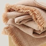 Double Stitch Cashmere Wool Throw Blanket, Mongolian Cashmere & Australian Wool Blend, Classic Twill Pattern with Fringes, Ultra-Soft and Luxuriously Warm Throw Blanket for Couch, 50'x60', Tawny Birch