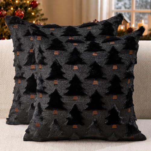 Image of Allorry Christmas Pillow Covers 18x18 inch Set of 2 Black Christmas Decorations Soft Plush Faux Fur Wool Christmas Tree Throw Pillow Cases Winter Holiday Decor for Sofa Living Room PT002J18