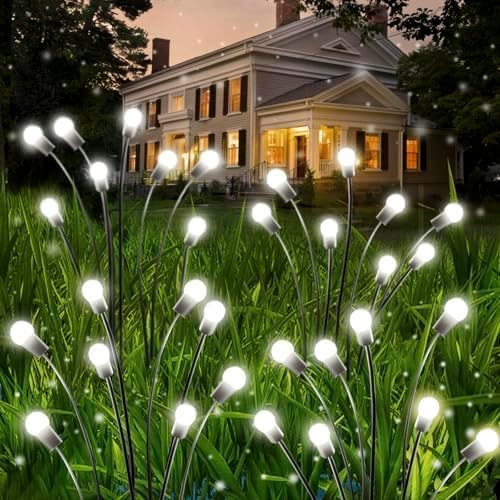 OZS 12 Pack Total 96 LED Solar Garden Lights Fairy Outdoor - Solar Firefly Lights Outdoor, Sway by Wind, Waterproof for Garden Patio Pathway Fairy Decoration (Cold White) Cold White 12 Pack